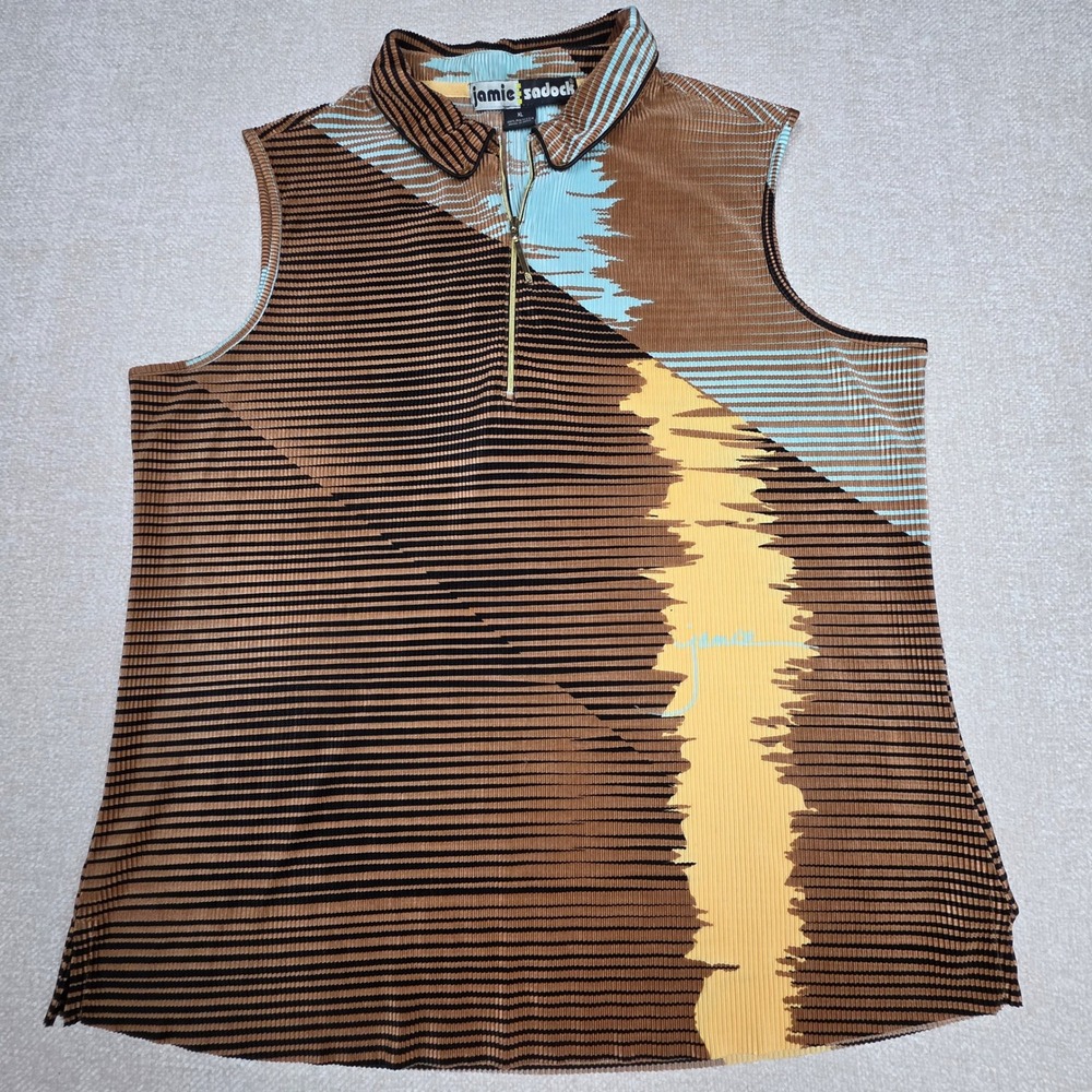 Jamie Sadock Womens XL Sleeveless Golf Polo Shirt Brown Blue Abstract Zip Top